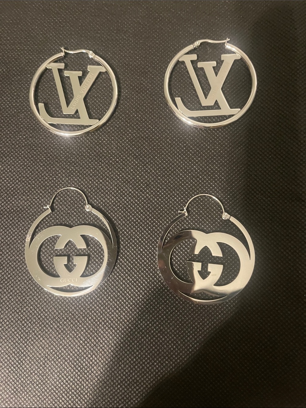 Stainless steel Silver Tone LV Logo Hoop Earrings 2 pairs brand new